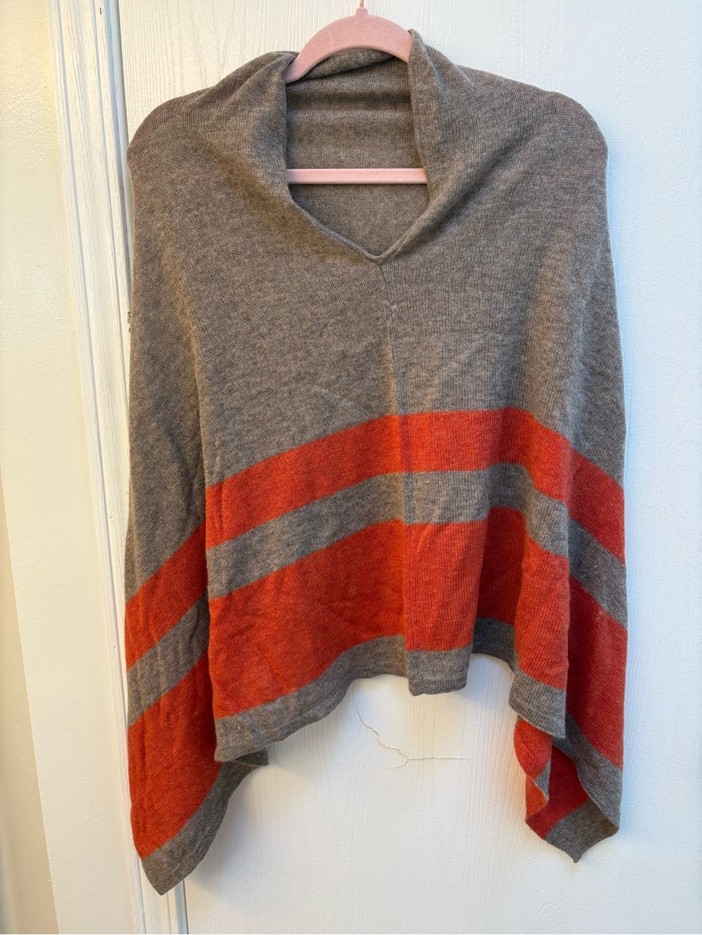 Celeste Gray and Orange Striped V-Neck Poncho